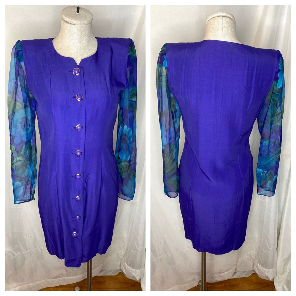 Vintage 80s 90s Sheer Sleeve Tarazzia Dress Button